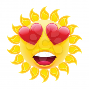 Smile in Love Emoticon Sun. Sun Emoji in Love with Two Hearts. Isolated Vector Illustration on White Background
