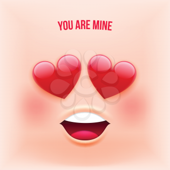Vector Emoji Style Card with Text Your Are Mine for Valentines Day, Wedding, Dating, Summer Vacation and Other Romantic Events. Emoticon Style Banner Template on Pink Background.