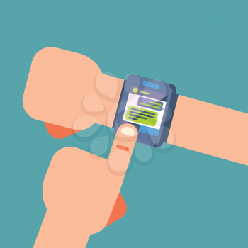 Human Hands Use Smart Watch with Messenger App in Flat Style. People Using Gadgets. Flat Illustration of Texting via Messenger