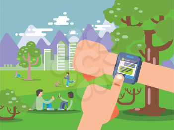 Human Hands Use Smart Watch with Messenger App. People Using Gadgets Walking Outdoors in the Park in Big City. Flat Illustration of Young People Texting via Messenger on the Big City Skyline