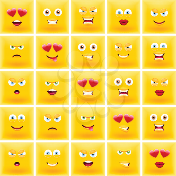 Set of Square Emoticons. Set of Square Emojis. Smile icons. Isolated vector illustration on white background