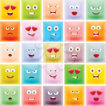 Set of Square Colorful Emoticons. Set of Square Emojis. Smile icons. Isolated vector illustration on white background