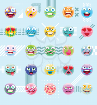 Abstract Cute Emoji Set. Abstract Emoticon Series. Variety of Emoticon Faces in Memphis Style on Blue Background