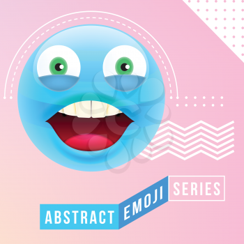 Abstract Cute Happy Cheerful Emoji with Big Eyes and Open Mouth with Teeth. Abstract Emoji Series. Blue Crazy Happy Cheerful Emoticon Face on Pink Background