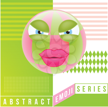 Abstract Cute Angry Female Emoji with Big Eyes. Abstract Emoji Series. Pink Crazy Angry Emoticon Face on Green Background
