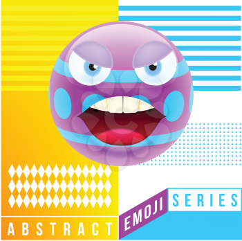 Abstract Cute Angry Emoji with Big Eyes. Abstract Emoji Series. Violet Crazy Angry Emoticon Face on Yellow Background