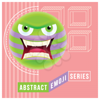 Abstract Cute Angry Emoji with Big Eyes. Abstract Emoji Series. Green Crazy Angry Emoticon Face on Red Background