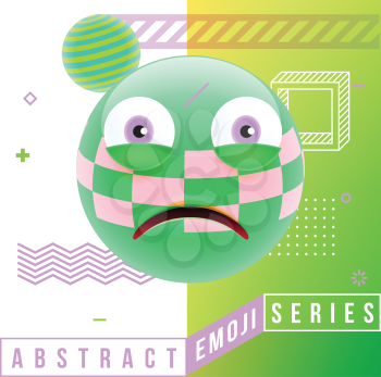 Abstract Cute Frustrated Emoji. Abstract Emoji Series. Green Crazy Angry Emoticon Face in Memphis Style on Green Background