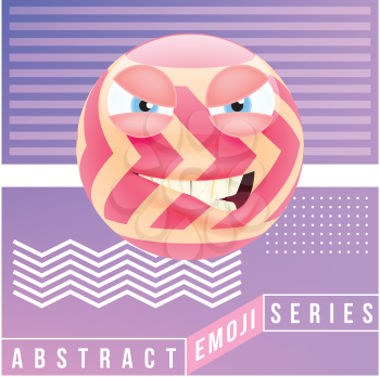 Abstract Cute Angry Emoji. Abstract Emoji Series. Pink Crazy Angry Emoticon Face in Memphis Style on Violet Background