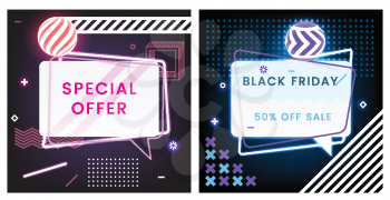 Abstract Black Friday and Special Offer Sale Inscription Design Template in Neon Memphis Style. Vector Illustration