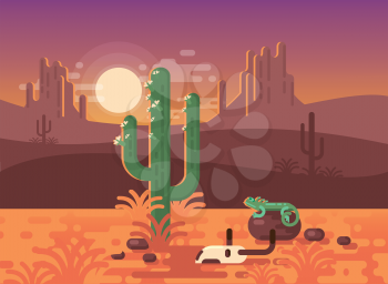 A High Quality Horizontal Background of Landscape with Desert, Cactus, Skulls and Lizard. Sunset on a Background of a Mountain Landscape. Vector Game Graphic. Sunset in Mexico.