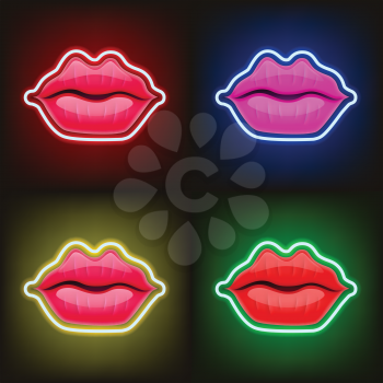 Light Sign of Neon Lips. Women Lips, Kiss, Mouth. Valentines Day Logo. Love, Sexy, Intimacy, Wedding Card, Banner. Red Kissing Sexy Lips Isolated Icons. 8 March Women's International Day