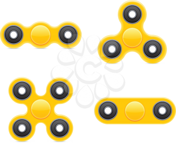 Hand Fidget Spinner Toy. Stress and Anxiety Relief. Yellow Plastic Toy. Hand Spinner Vector Logo and Labels. Fidget Spinners Emblems