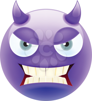 Angry Devil Emoticon with Grey Eyes and Teeth. Angry Emoji. Smile Icon. Isolated vector illustration on white background
