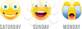 Weekend Emoji Set. Saturday, Sunday, and Monday Emotocons. Set of Yellow Smiles on White Background