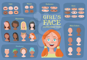 Girl's Character Constructor. From Student to Hipster. Cartoon Girl Face Parts Creation Spare Parts. Cartoon Style Faces. Body Part. Vector Illustration