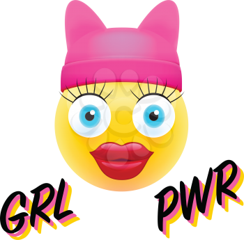 Girls Power Concept. Vector Illustration of Feminist Slogan with Colorful Girlish Emoji and Pink Hat Isolated on background.