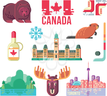 Canada Day Design Elements for Web Design or Print Design. Stereotype Symbols of Canadian Life. Flat Vector Set Illustration.