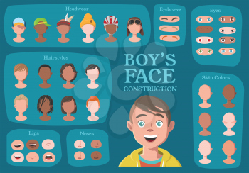 Boy's Character Constructor. From Student to Hipster. Cartoon Boy's Face Parts, Creation Spare Parts. Cartoon Style Faces. Body Part. Vector Illustration