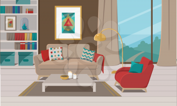Furniture. Interior. Living room with sofa, table, lamp, picture, shelves, books, carpet, window. Vector illustration.