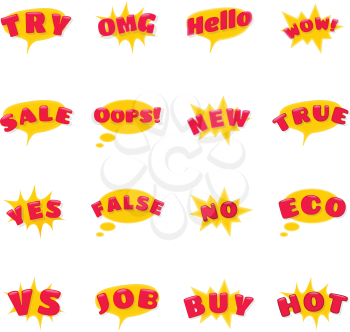 Set of Expression Icons as Try, OMG, Hello, WOW, Sale, Oops, New, True, Yes, False, No, Eco, VS, Job, Buy, Hot. Emotion Emojis