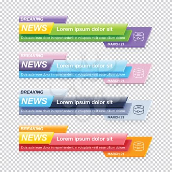 Set of Breaking News Title Templates on Transparent Background for TV Channel Screen or Video Blog. Realistic Vector Illustration for Media Project