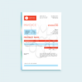 Invoice Form Design Template with Holographic Foil Edge Stripe. Red and Blue Colors