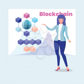 Stylish Business Woman Talking About Blockchain Technology. Presentation of a New Blockchain Project. Vector Illustration in Cartoon Style