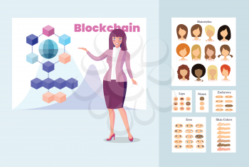 Stylish Business Woman Talking About Blockchain Technology. Presentation of a New Blockchain Project. Vector Illustration Girl Constructor in Cartoon Style