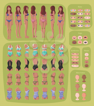 Beach Girl Character Creation Set. Woman in Swimming Suit. Full Length, Different Views, Emotions, Gestures. DIY design. Cartoon Style Infographic Illustration