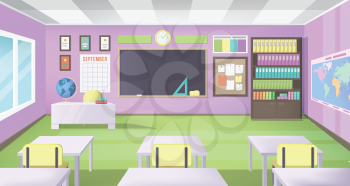Empty School Class Room with Board Desk, Shelf, Books, Clock and Purple Walls. Modern Vector Illustration of School Interior.