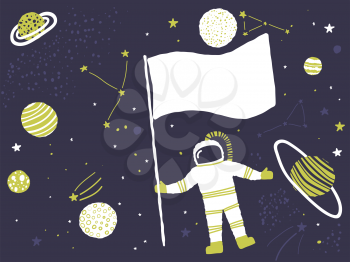 Astronaut with Flag in Space. Vector Design Template. Creative Abstract Nursery Background. Perfect for Kids Design, Fabric, Wrapping, Wallpaper, Textile, Apparel