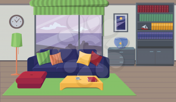 Furniture. Interior. Living Room with Sofa, Table, Lamp, Picture, Shelves, Books, Carpet, Window, Tank, Curtains, Pillows. Vector Illustration.
