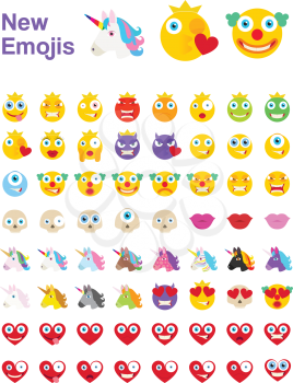 Big Set of New Modern Emojis, Emoticons Flat Vector Illustration Symbols. Variety of Emotions. Clowns, Cyclops, Devils, Lips, Skulls, Unicorns, Hearts, Crowns