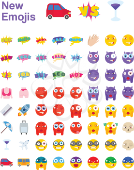 Big Set of New Modern Emojis, Emoticons Flat Vector Illustration Symbols. Variety of Emotions. Yes, Versus, New, Sale, Job, Rocket, Traveling, Butt, Chest, Start-up, Eco, Superhero, Thief, Hot