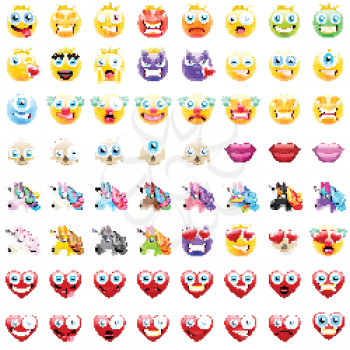 Ultimate Set of Modern Emojis, Emoticons Realistic Vector Illustration Symbols. Variety of Emotions. Clowns, Cyclops, Devils, Lips, Skulls, Unicorns, Hearts, Crown on Smileys
