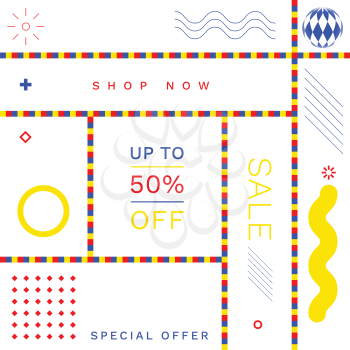 Modern Promotion Square Web Banners for Social Media Mobile Apps. Elegant Sale and Discount Promo Backgrounds with Abstract Pattern in de Stijl Style. Email Ad Newsletter Layout.