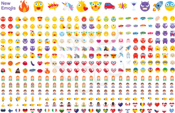 Big Set of New Modern Emojis. Emoticons Flat Vector Illustration Symbols. All World Emotions in Yellow, Red, and Violet Expressions. Hearts, Skulls, Vacation, Sale, New, Versus, Unicorns, Clowns