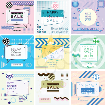 Modern Promotion Glitch Square Web Banners for Social Media Mobile Apps. Elegant Sale and Discount Promo Backgrounds with Abstract Pattern in Memphis Style. Email Ad Newsletter Layouts.