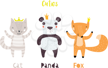 Panda, Cat,and Fox Characters Staying Together in Crowns. Two Animals in Cute Trendy Modern Cartoon Childish Style. Perfect for Print, Web, App or Any Digital Design Manipulation.