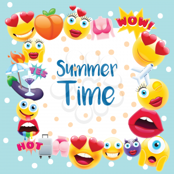 Summer time Poster or Postcard! Summer Design with Lots of Unique Emojis. Holidays Sign for Schools or Kindergartens in a Trendy Style.