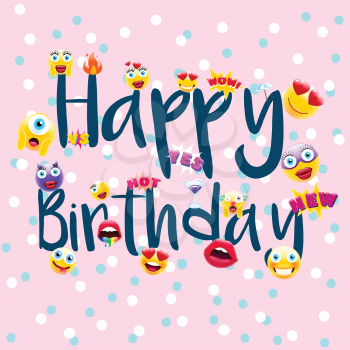 Happy Birthday Poster or Postcard! Birthday Design with Lots of Unique Emojis. Event Template for Schools or Kindergartens in a Trendy Style.