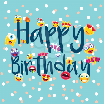 Happy Birthday Poster or Postcard! Birthday Design with Lots of Unique Emojis. Event Template for Schools or Kindergartens in a Trendy Style.