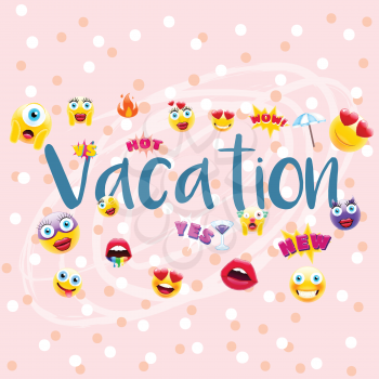 Vacation Poster or Postcard! Vacation time Design with Lots of Unique Emojis. Holidays Sign for Entities in a Trendy Style.