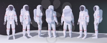 Astronaut in Different Positions Stands on the Moon with Space Behind. Cartoon or Flat Vector illustration