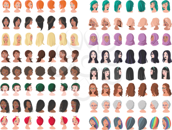 Set of Woman Avatars in Different Positions. Sixteen Characters from Different Subcultures and Social Strata. Beautiful women. Diversity of Cultures. Vector Illustration.
