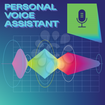 Personal Assistant and Voice Recognition Vintage Concept of Sound Wave Intelligent Technologies. Microphone Button on a Button with Bright Voice and Sound Imitation and Record Waves