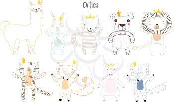 Llama, Lion, Tiger, Wolf, Panda, Cat, Bunny, Pig, and Fox Characters Staying Together in Crowns. Two Animals in Cute Trendy Modern Cartoon Outline Childish Style. Perfect for Print, Web, App or Any Design