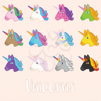 Set of Outline Vector Unicorn Icons Isolated on Peach Background. Head Portrait Horse Sticker, Patch Badge, Emoji. Cute Magic Cartoon Fantasy Cute Animal. Rainbow Hair. Dream Symbol. Design for kids
