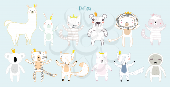 Llama, Lion, Tiger, Wolf, Panda, Cat, Bunny, Pig, and Fox Characters Staying Together in Crowns. Two Animals in Cute Trendy Modern Cartoon Outline Childish Style. Perfect for Print, Web, App or Any Design